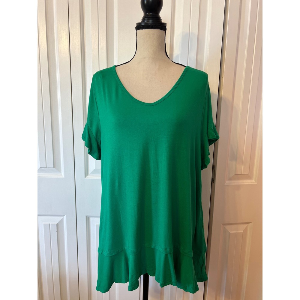 Emerald Green V-Neck Ruffle Hem Tunic Top Short Flutter Sleeve 1X-Large USA Made
